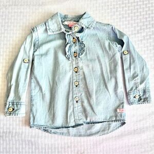 RuffleButts Chambray Button Down Shirt with Ruffle Trim 12–18M‎